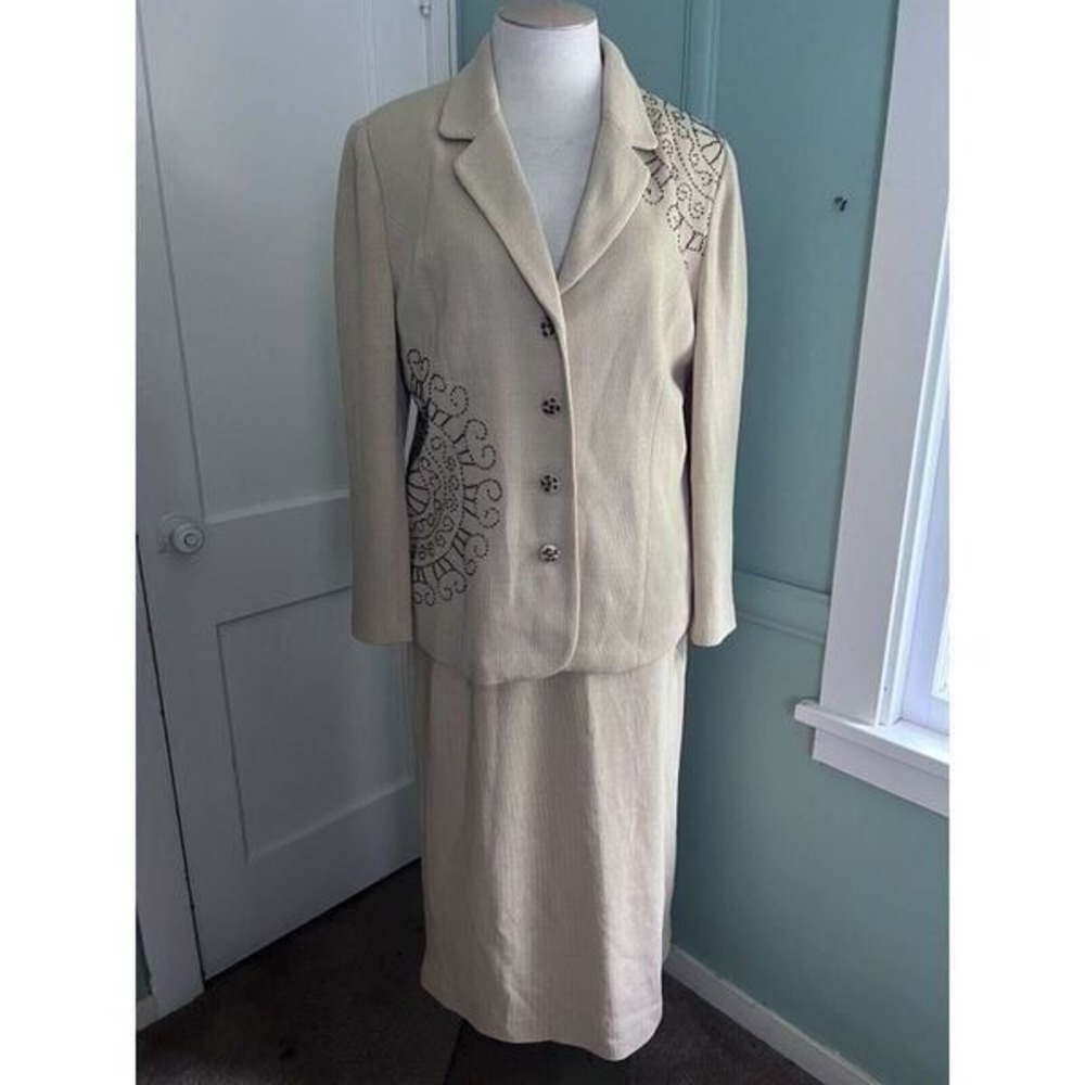 Liorah Womens 18W Champagne Gold Midi Skirt Beaded Jacket Embellished Church